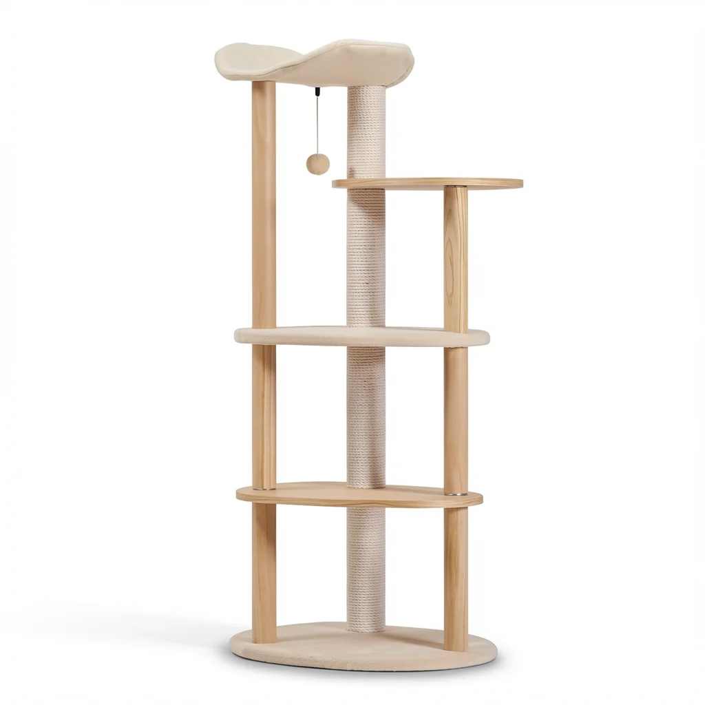 Modern 4-Level Wooden Cat Tree — Beige with Curved Top Perch