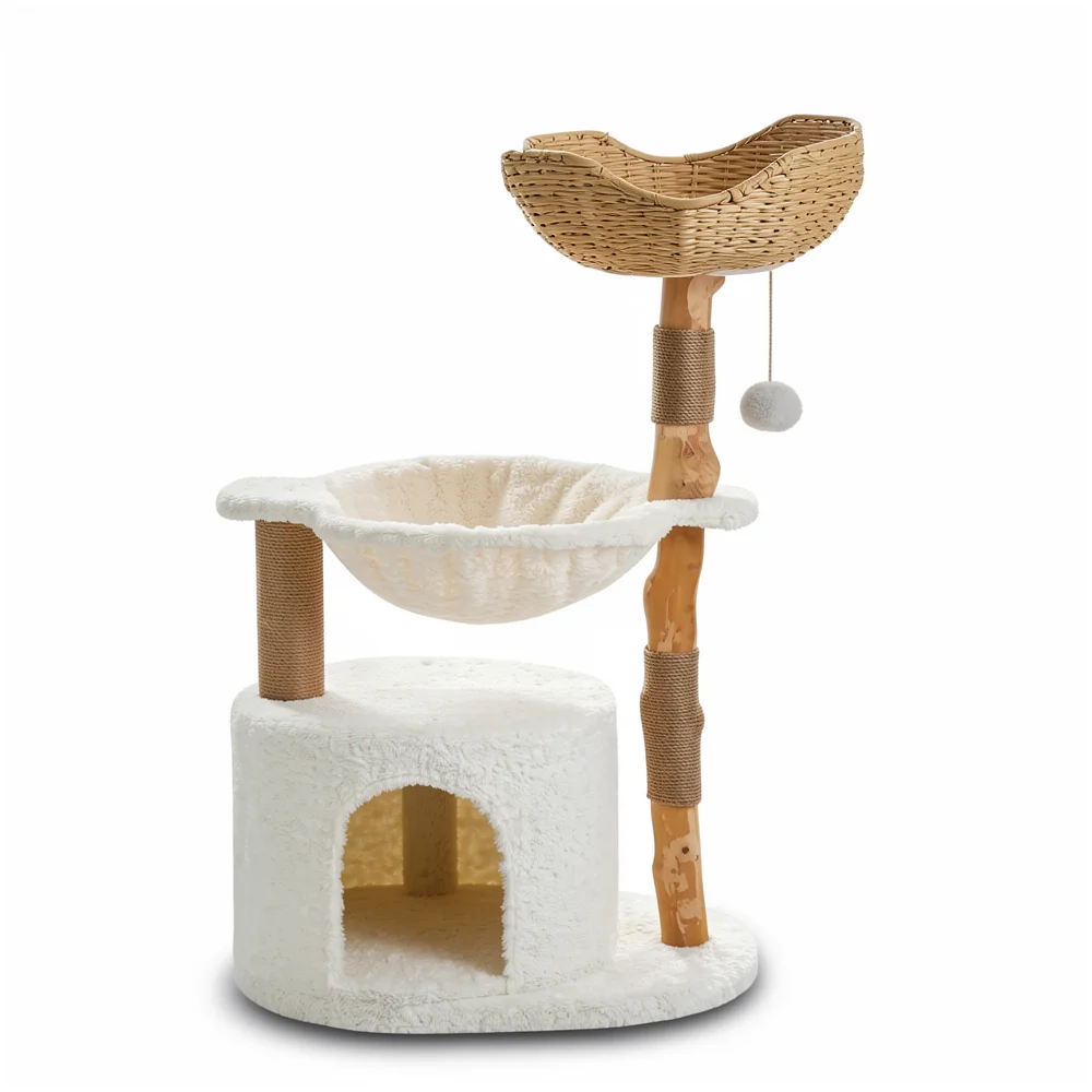 Modern Wood Cat Tree with Wicker Basket Bed lifestyle