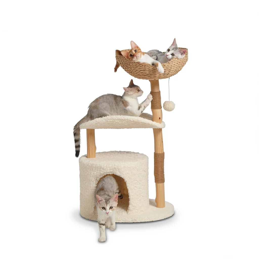 Modern Wood Cat Tree with Wicker Basket Bed