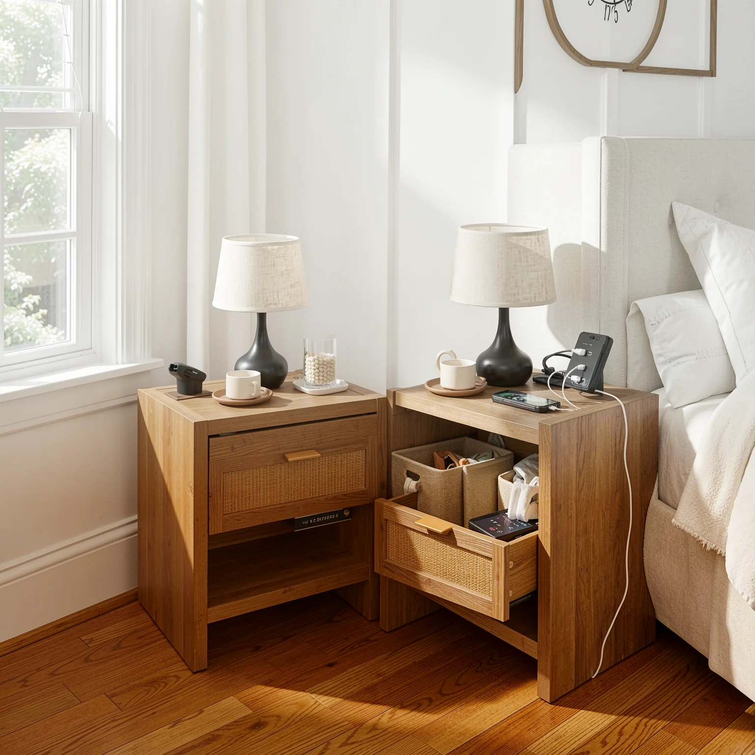 Rattan Nightstand Set of 2 - Drawer Storage and Type-C Charging lifestyle