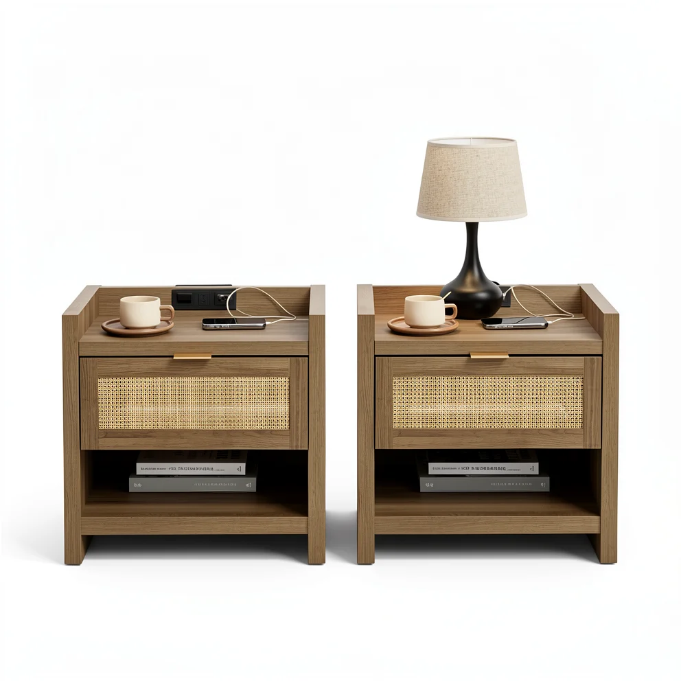 Rattan Nightstand Set of 2 - Drawer Storage and Type-C Charging