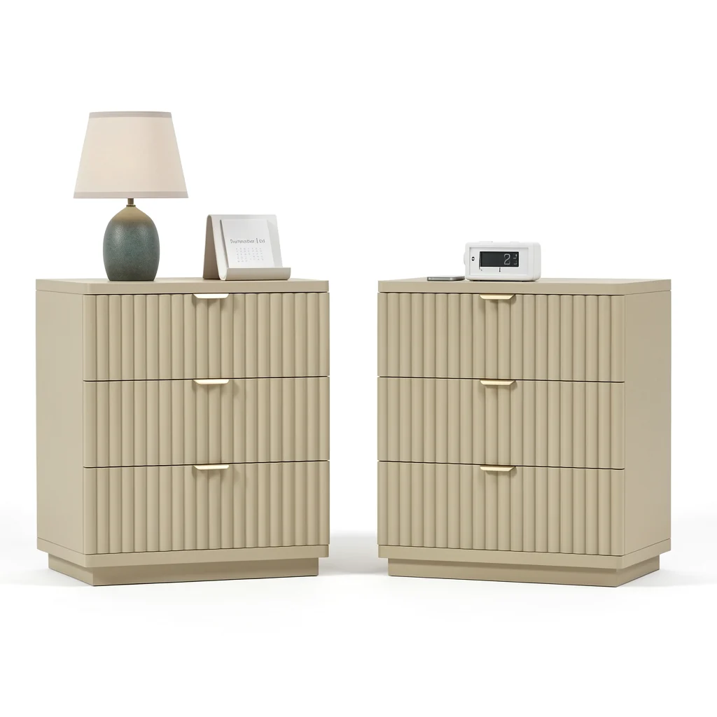 Fluted Nightstand Set of 2 - Charging Tables with 3 Drawers
