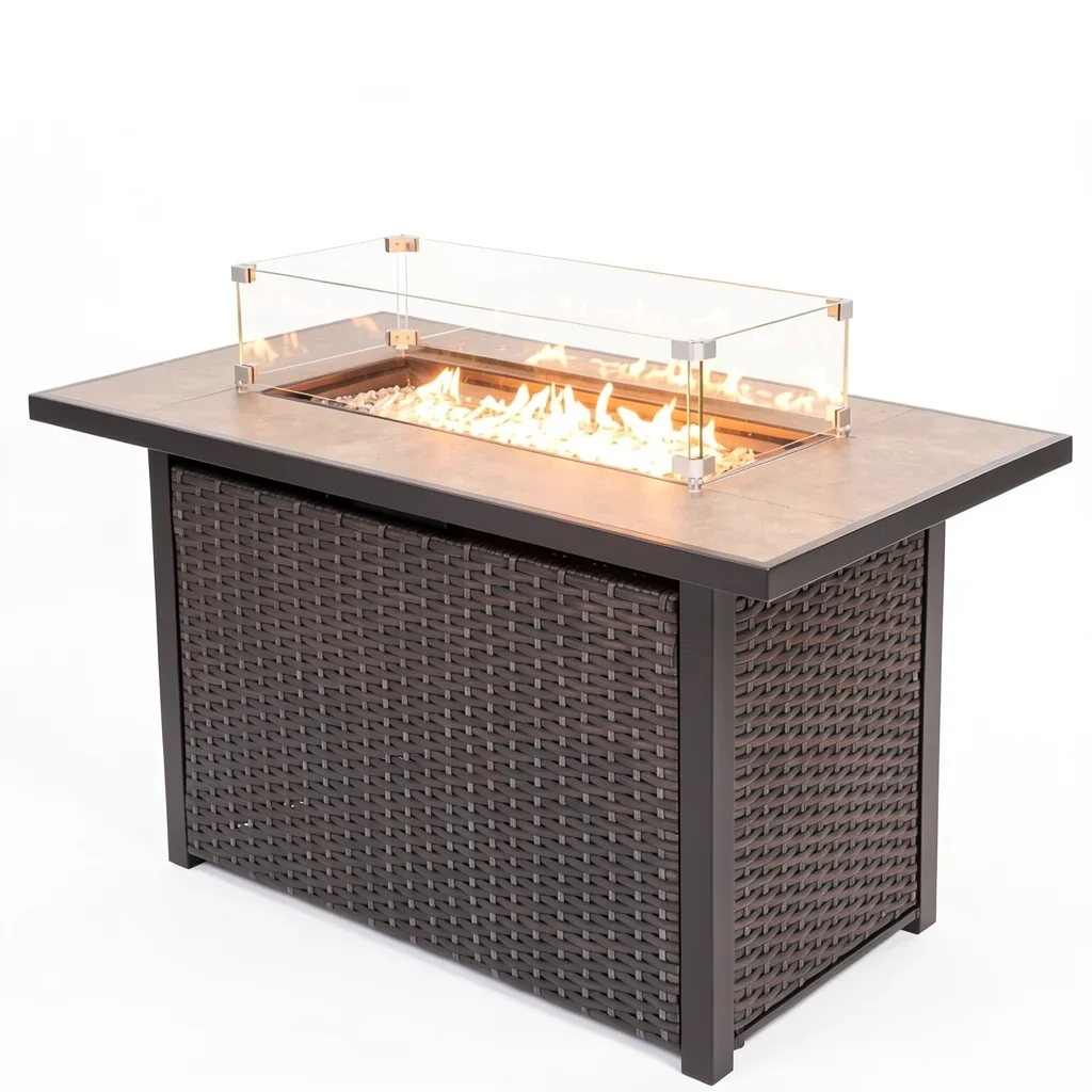 43" Propane Fire Pit Table with Ceramic Tile Top & Rattan Frame