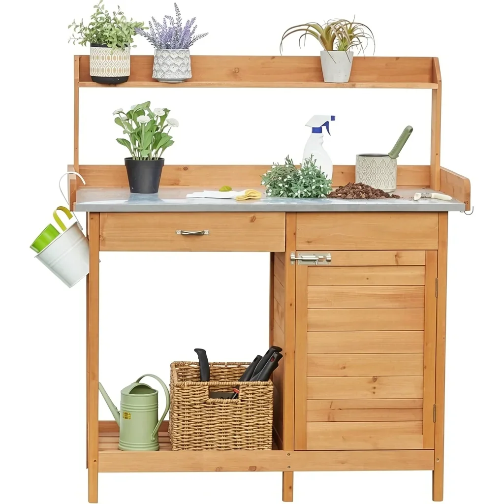 Wood and Metal Outdoor Potting Bench with Cabinet and Open Shelf