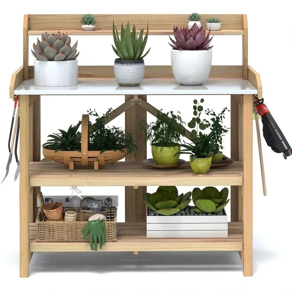 Fir Wood Potting Bench with Galvanized Steel Top and 6 Hooks