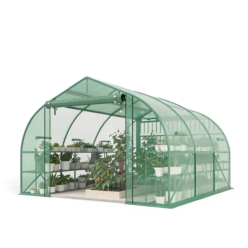 Walk-In Tunnel Greenhouse with Two-Tier Shelves