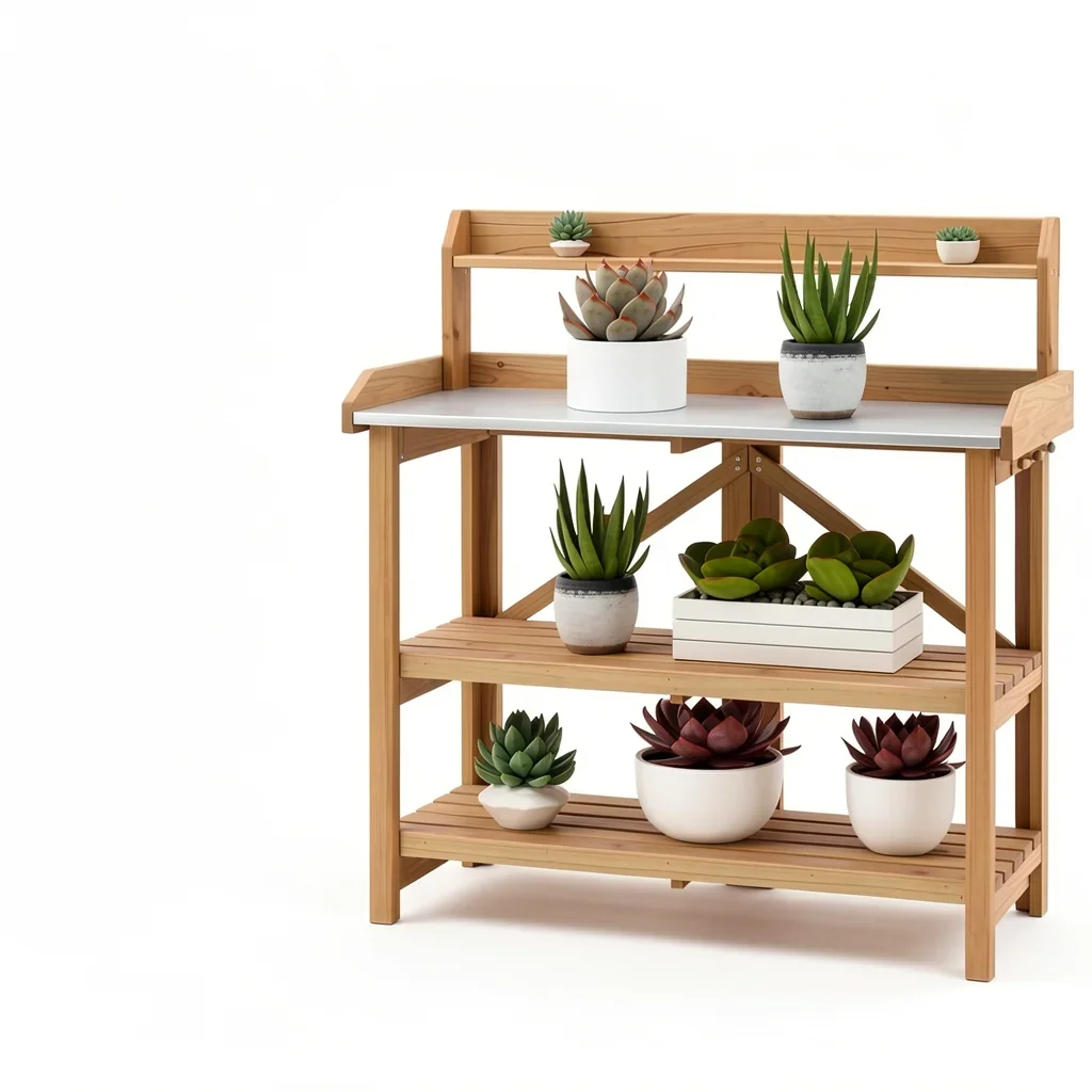 Wooden & Metal Potting Bench with Three-Tier Open Shelving