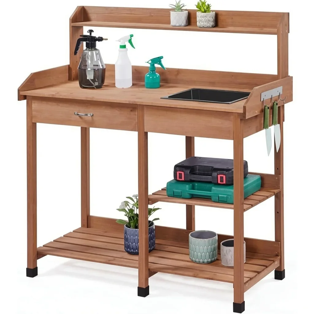 Brown Wood & Iron Potting Bench with Sink, Rack & Shelves