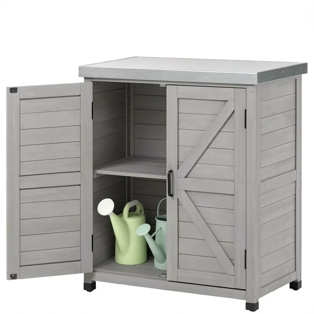Cedar & Metal Outdoor Potting Bench with Storage Cabinet