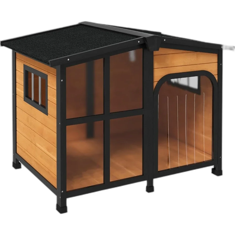 Cabin-Style Wooden Dog House - Openable Roof and Large Window lifestyle