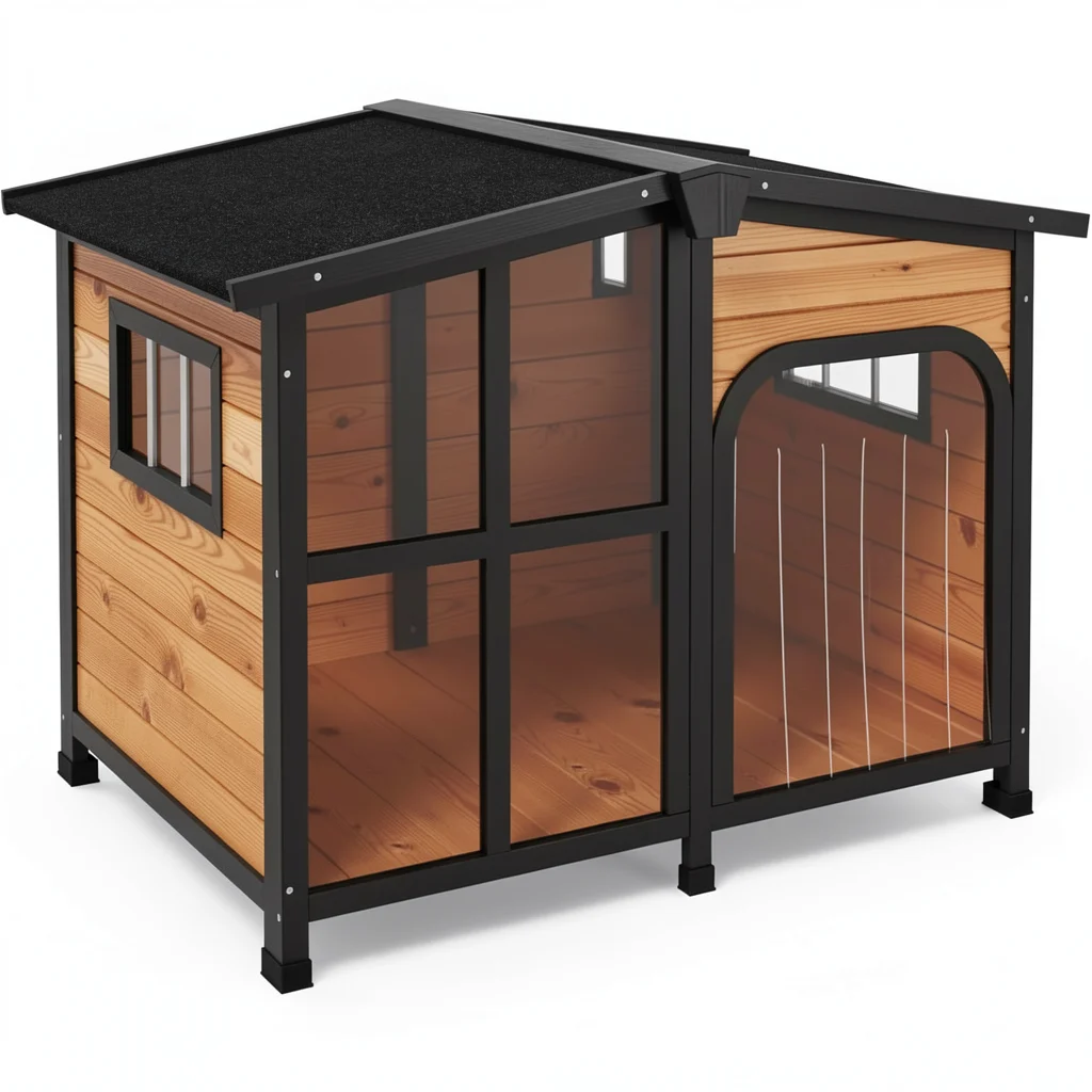 Cabin-Style Wooden Dog House - Openable Roof and Large Window