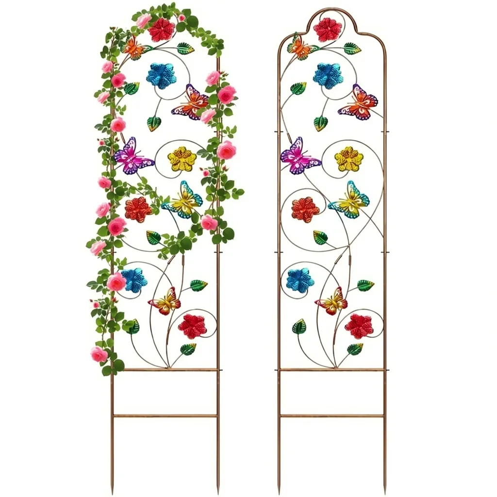 Arched Metal Garden Trellis with Butterfly Design, Pack of 2