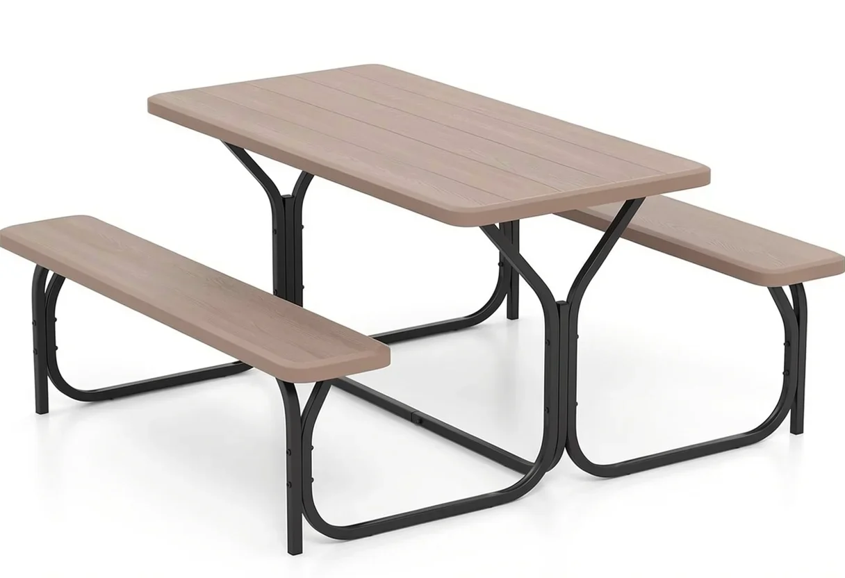 Bamboo & Metal Outdoor Picnic Table and Bench Set
