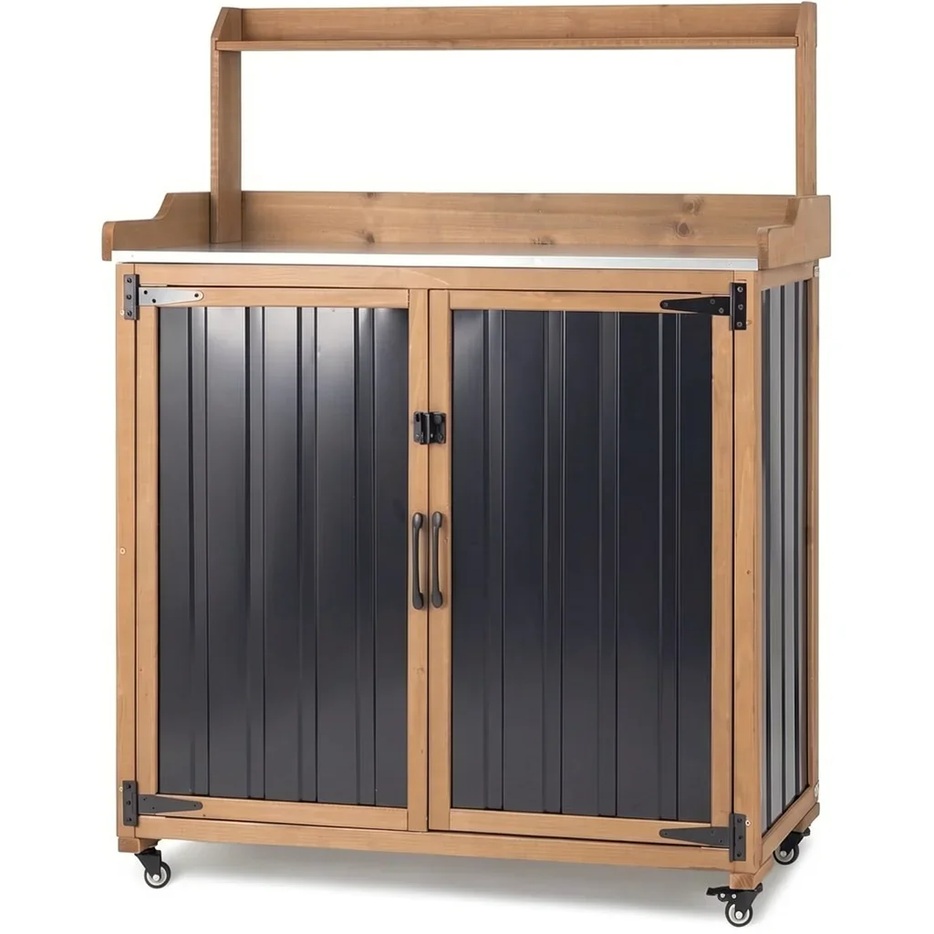 Iron Potting Bench with Metal Work Surface and Storage Cabinet