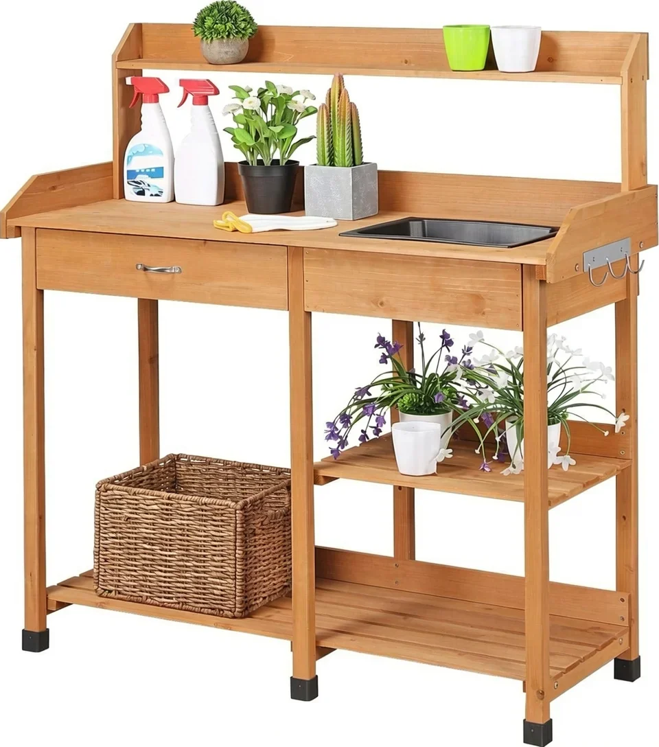 Solid Fir Wood Potting Bench with Sink, Drawer & Shelves