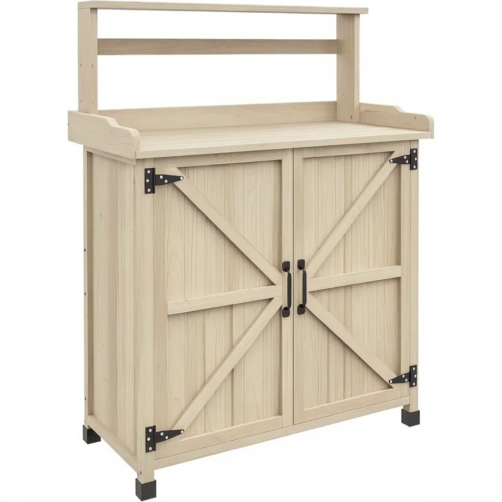 Farmhouse Fir Wood Potting Bench with Two-Door Storage Cabinet