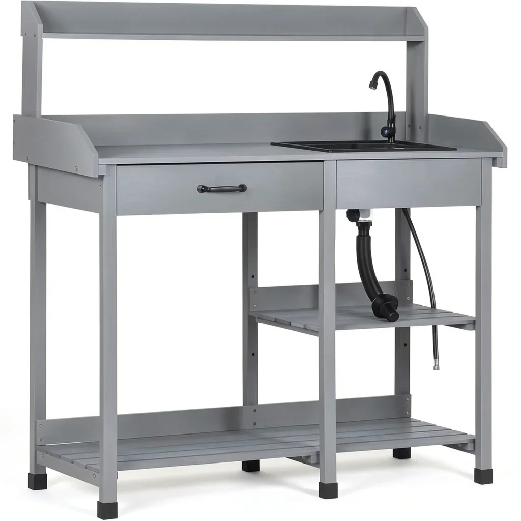 Gray Wood Potting Bench with Sink, Shelves & Hooks