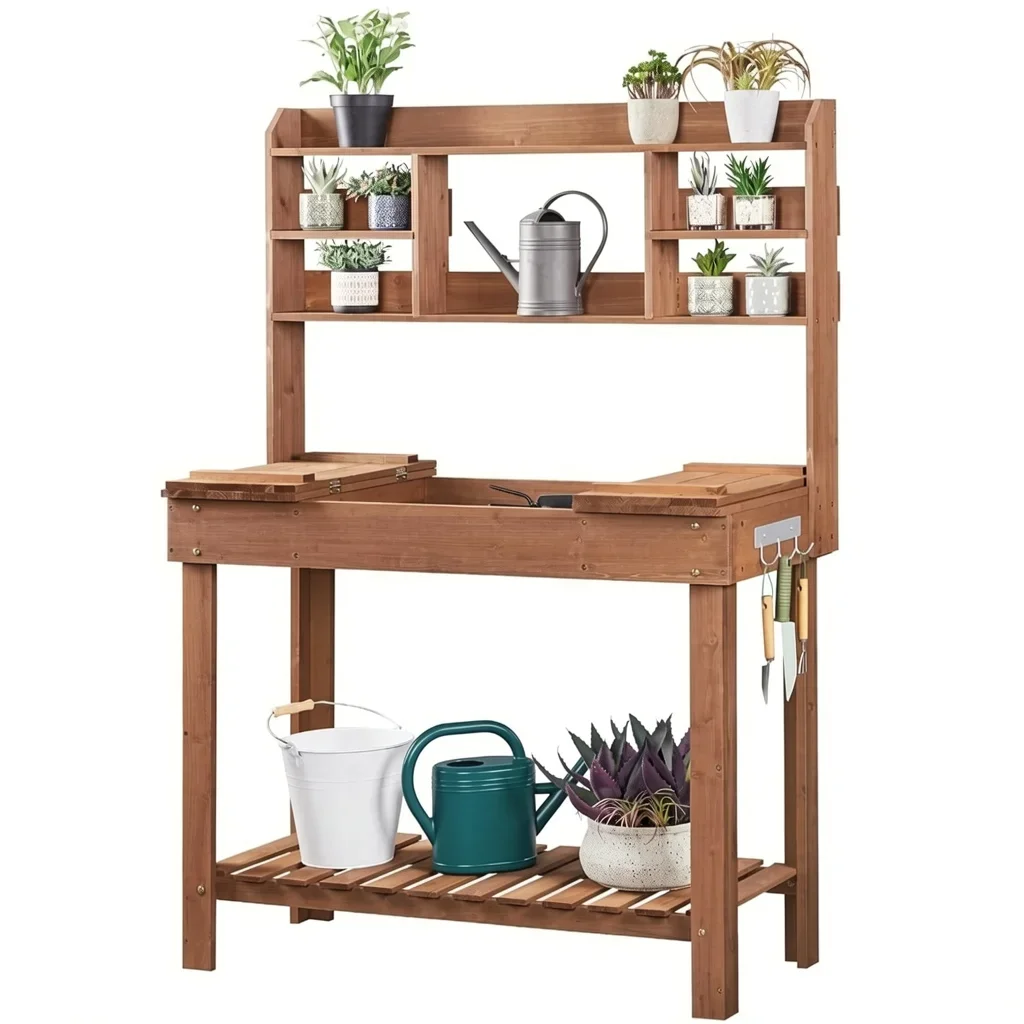 Natural Fir Wood Potting Bench with Hidden Sink