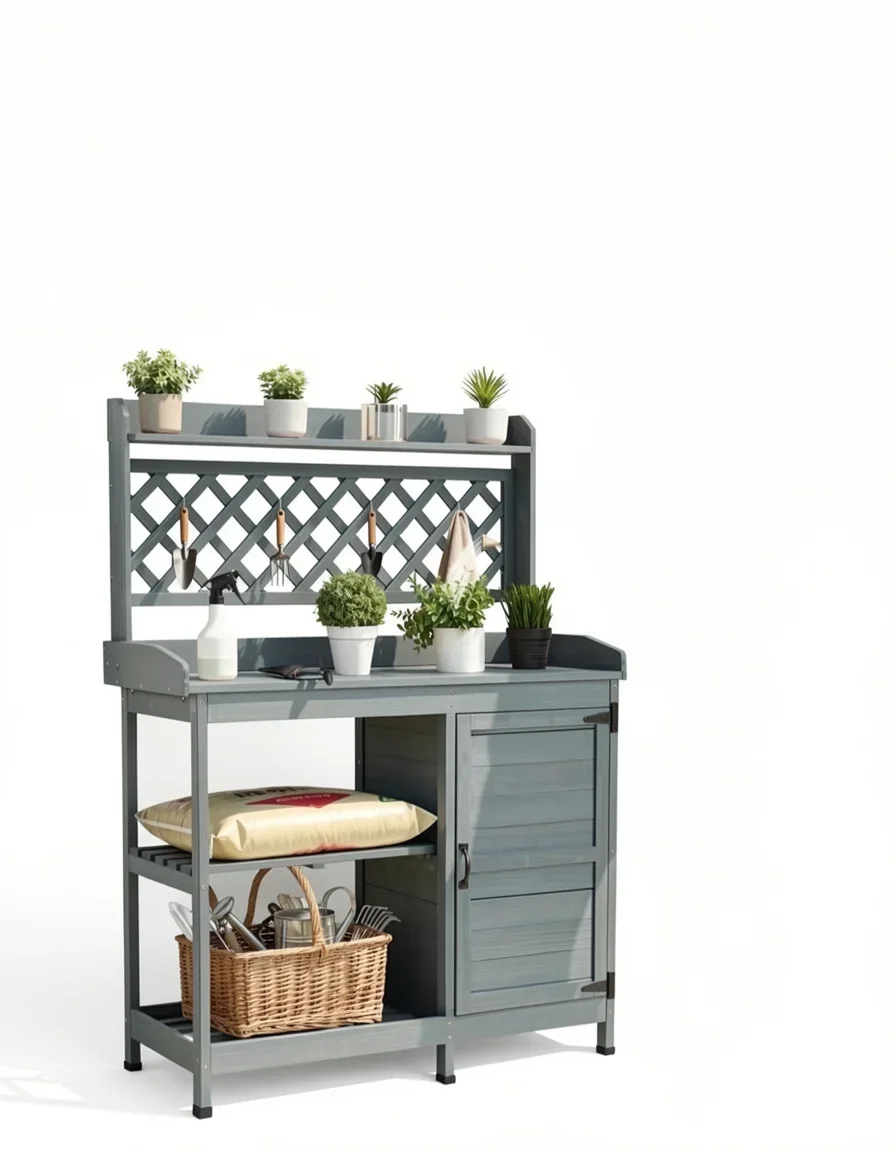 43×18 Inch Wooden Potting Bench with Cabinet & Shelves