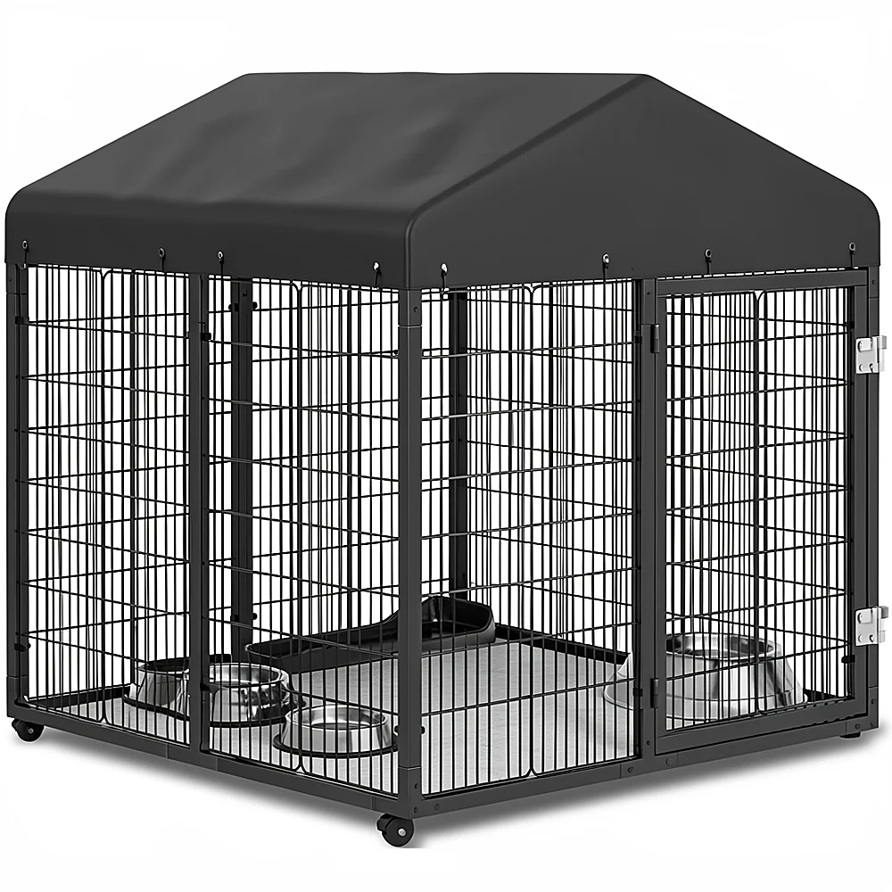 Outdoor Dog Kennel with Roof - Galvanized Steel and Double Locks lifestyle