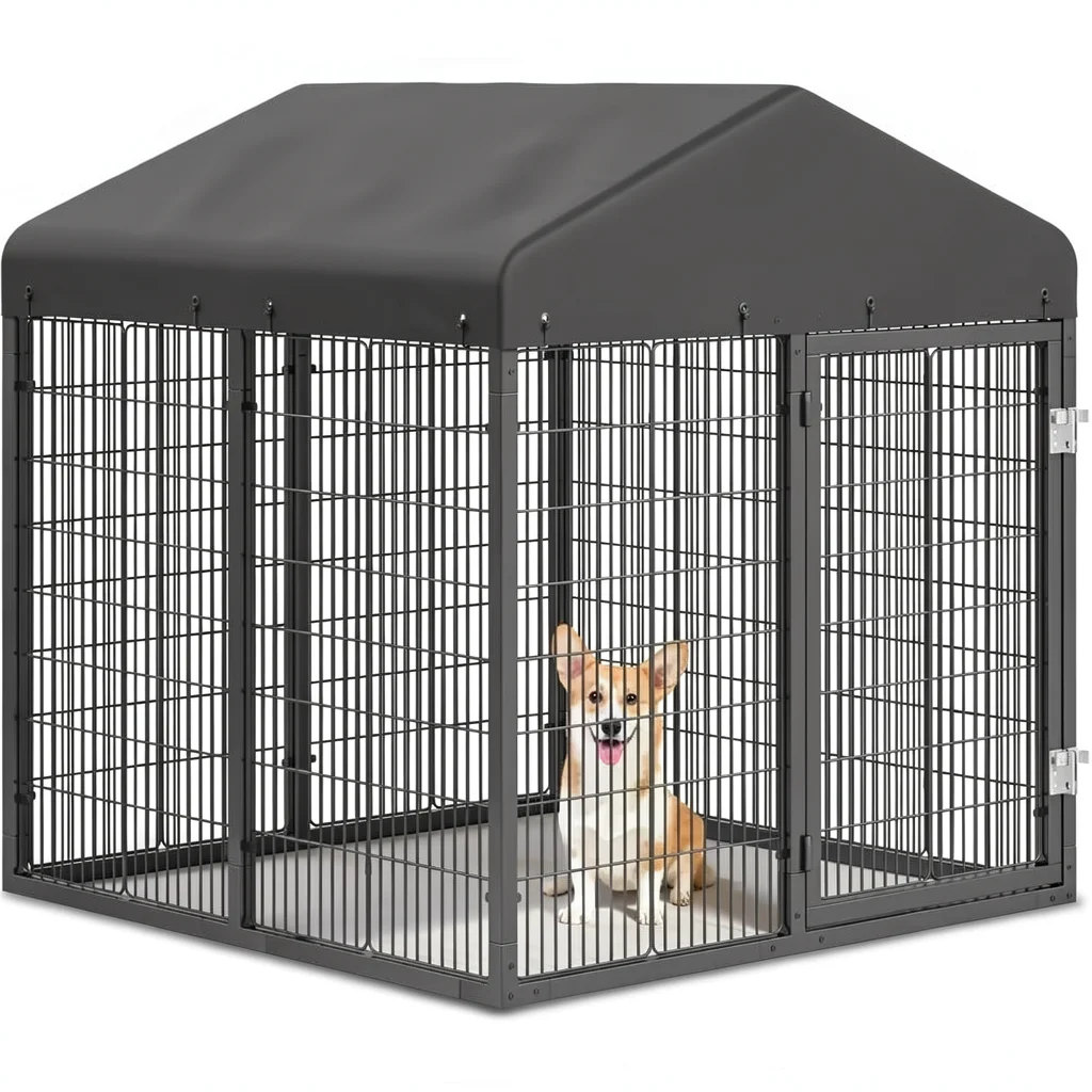 Outdoor Dog Kennel with Roof - Galvanized Steel and Double Locks