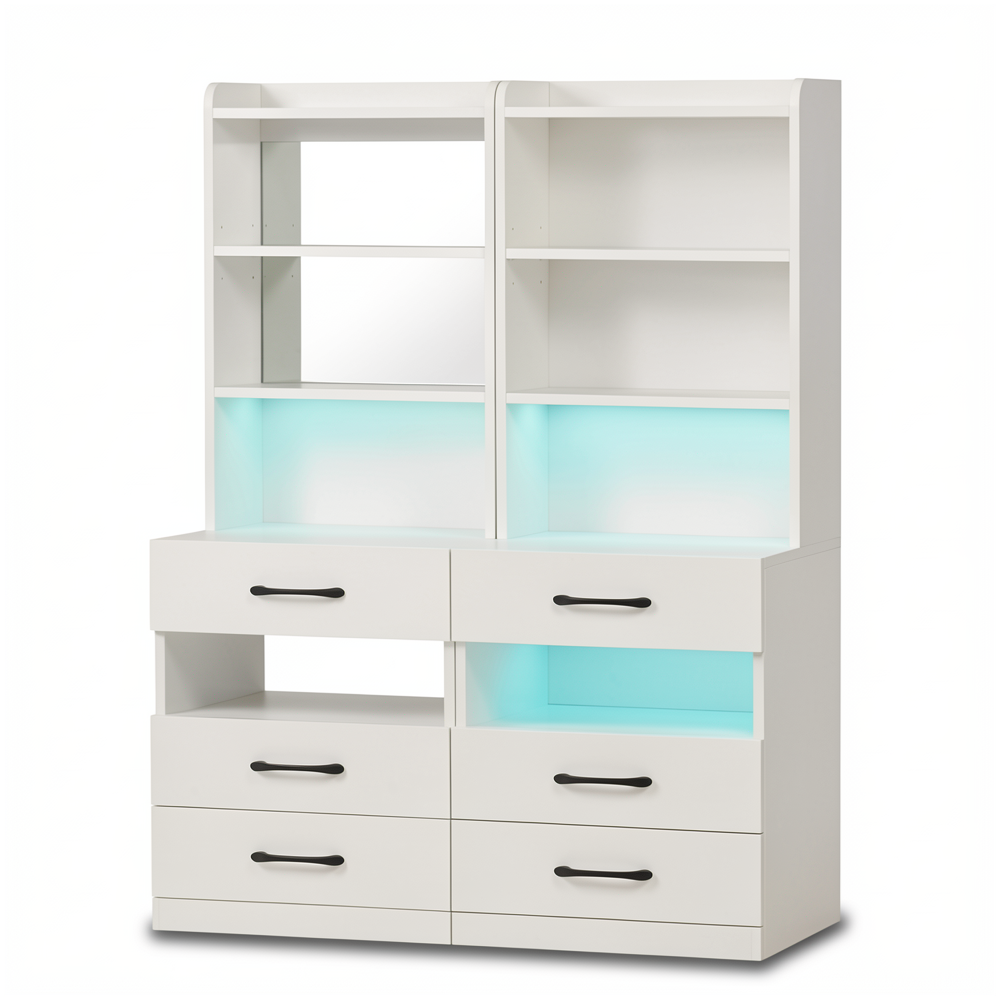 Tall Grey Nightstand Set of 2 - LED Charging Tables with Bookshelf
