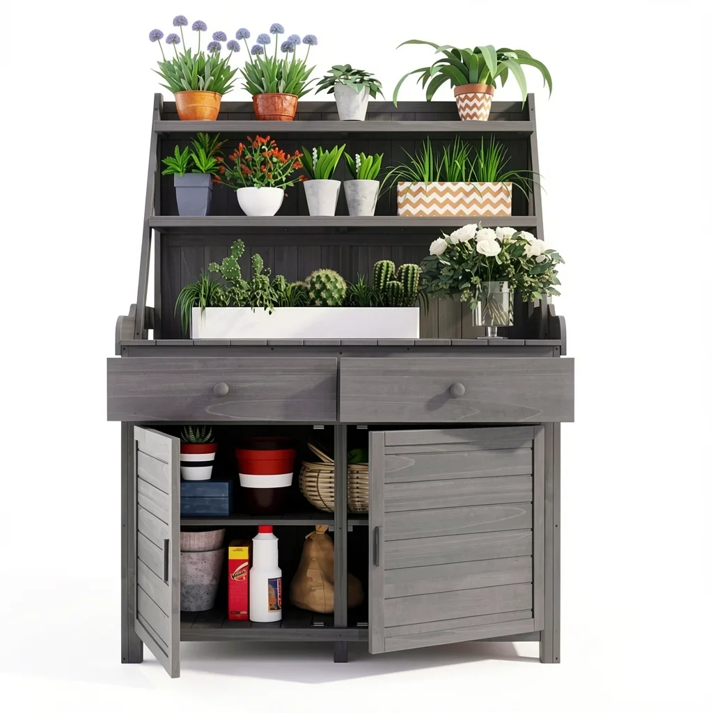 65-Inch Fir Wood Potting Bench with Storage, Gray