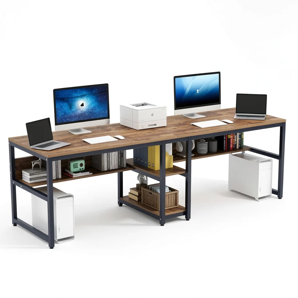 The Two-Person Desk — Rustic Workstation with Bookshelf