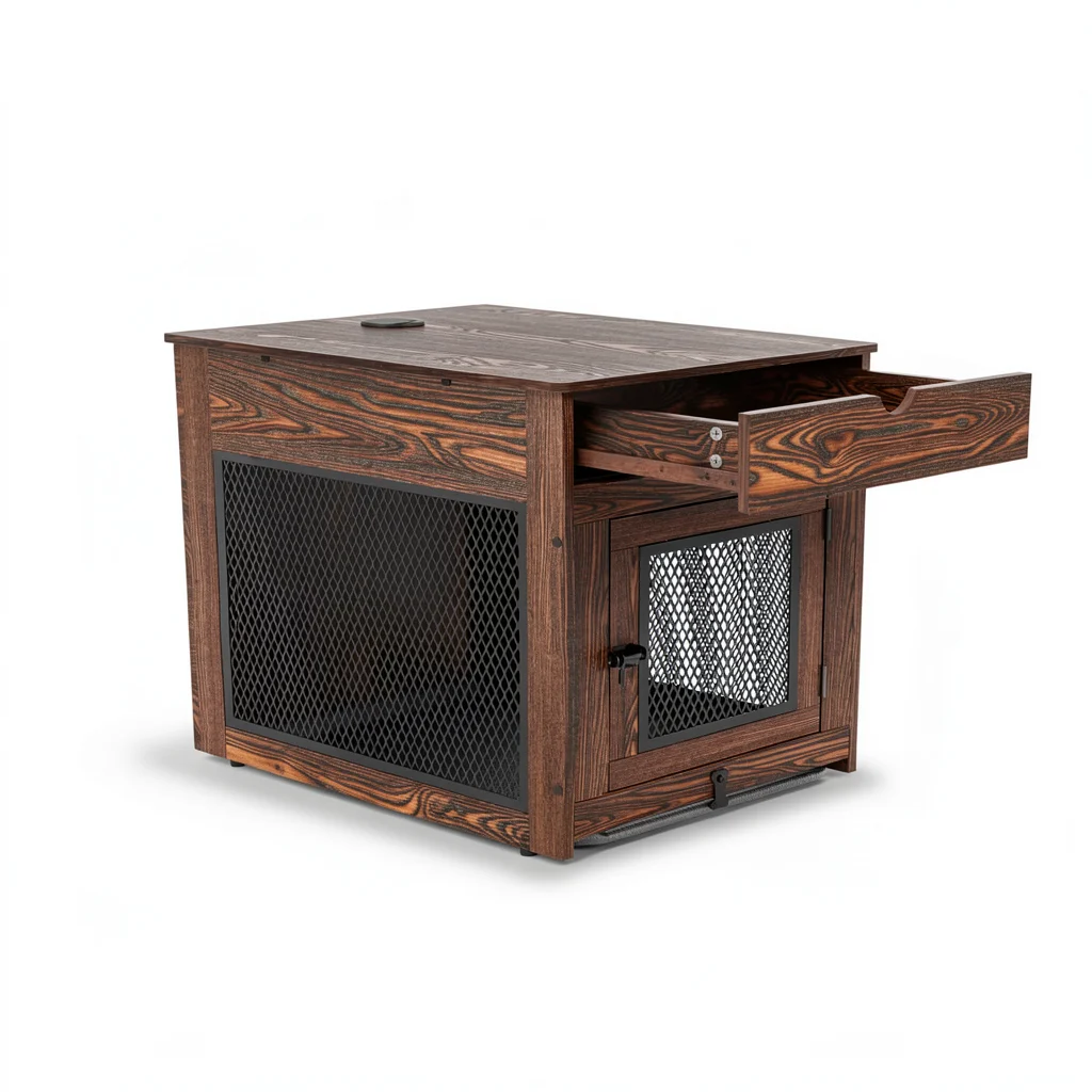 Wooden Dog Crate End Table - Drawer, Cushion and Charging