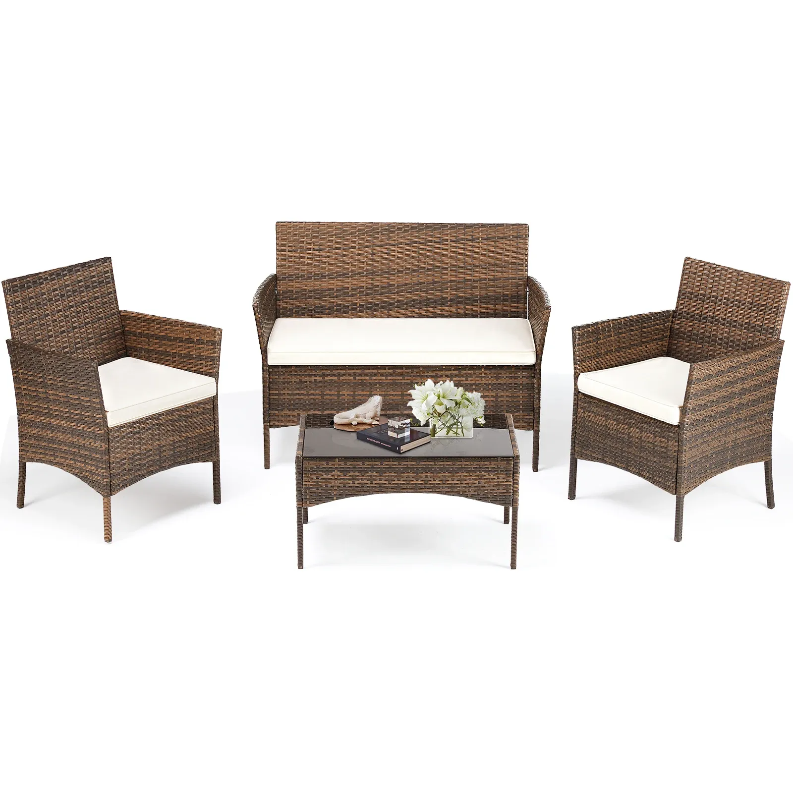 Wicker Patio Conversation Set - 4-Piece Cushioned Seating