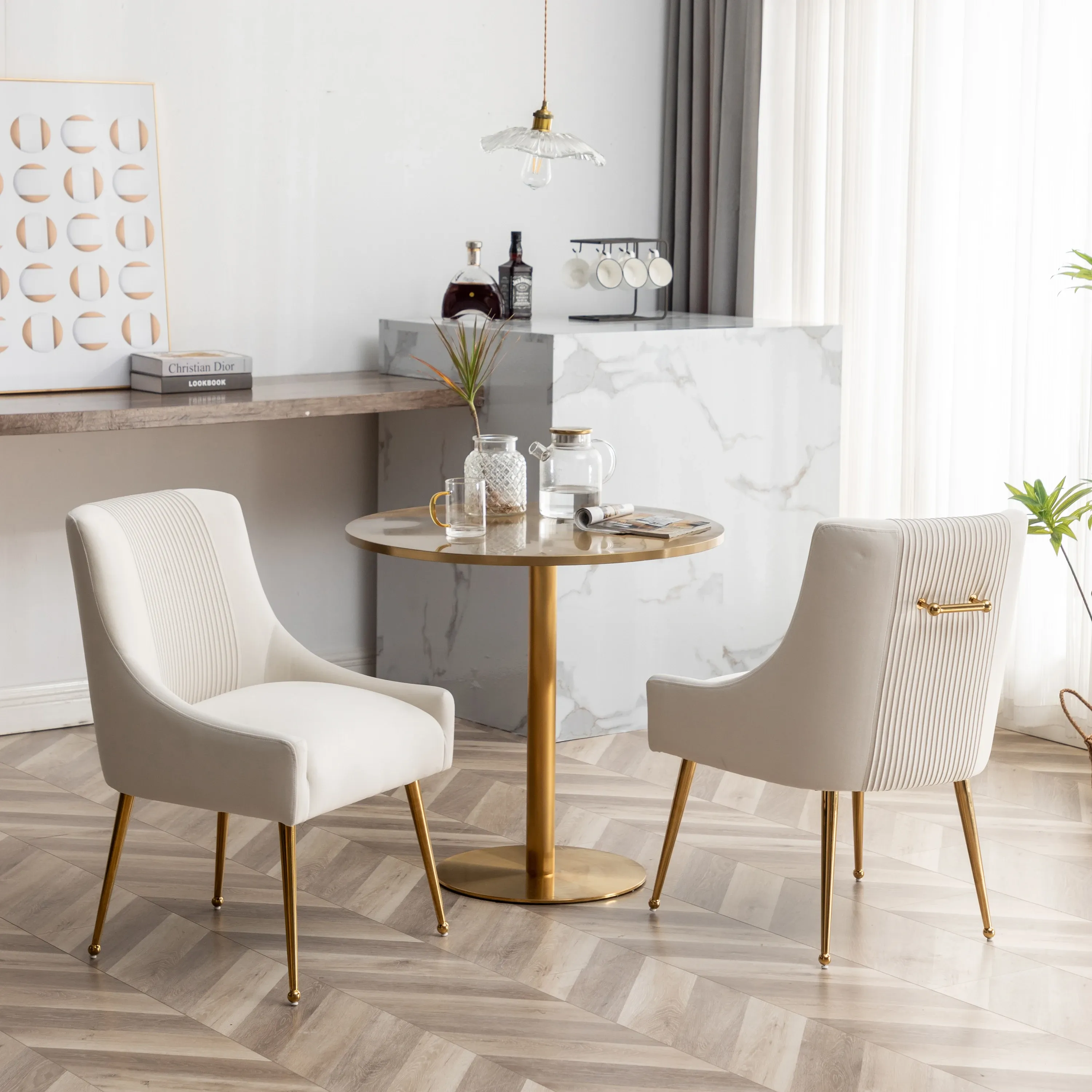 Boucle Velvet Dining Chairs (Set of 2) — Pleated Glam with Gold Legs lifestyle