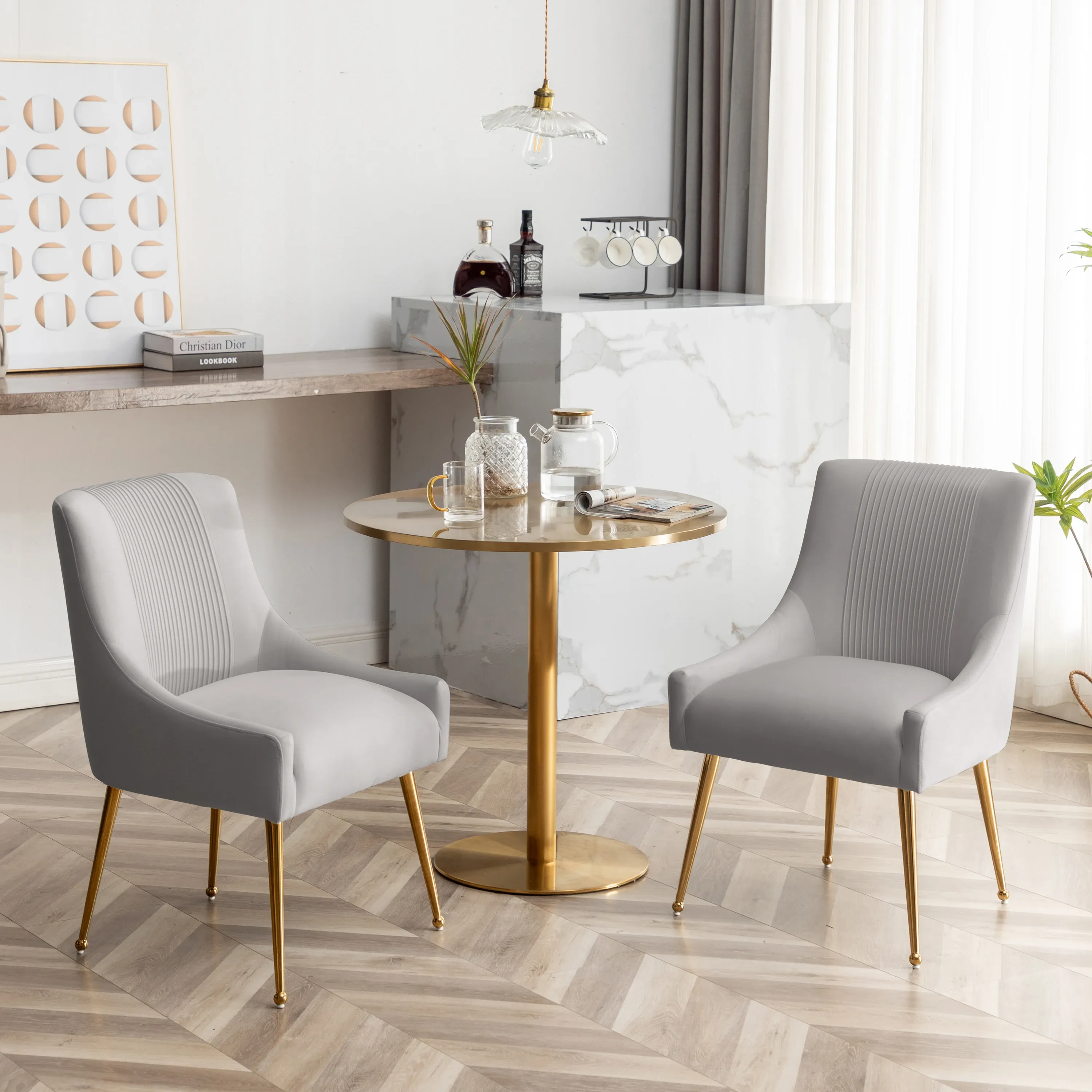 Boucle Velvet Dining Chairs (Set of 2) — Pleated Glam with Gold Legs