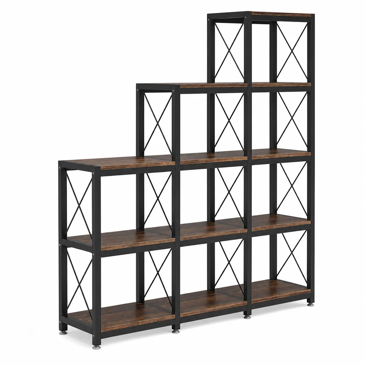 Brown 12 Shelves Bookshelf, Industrial Ladder Corner Bookshelf 9 Cubes Stepped Etagere Bookcase