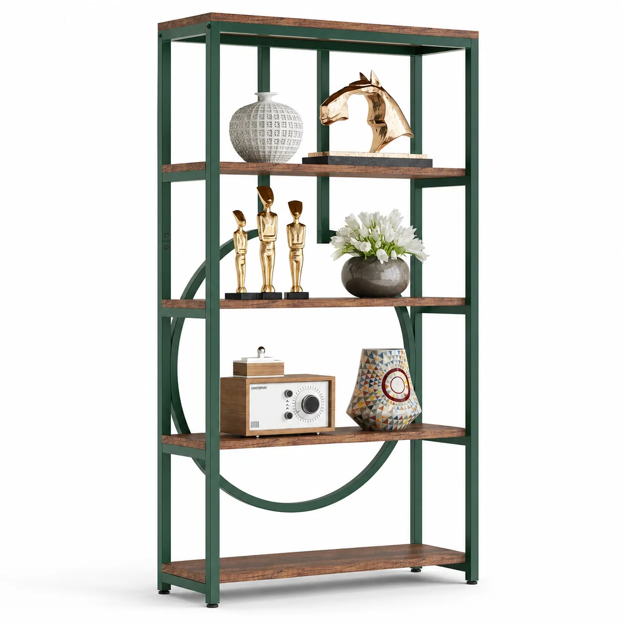 Green Industrial Bookshelf, Tall Bookcase with Open Shelves, Wood and Metal Display Shelf Storage Shelves