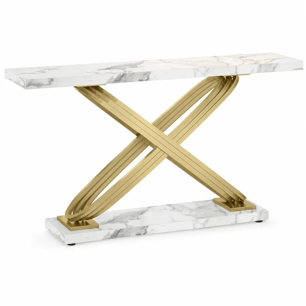 55 Inch Modern Console Table, Faux Marble Gold Entryway Table Behind Sofa Couch, Narrow Rectangular Sofa Table