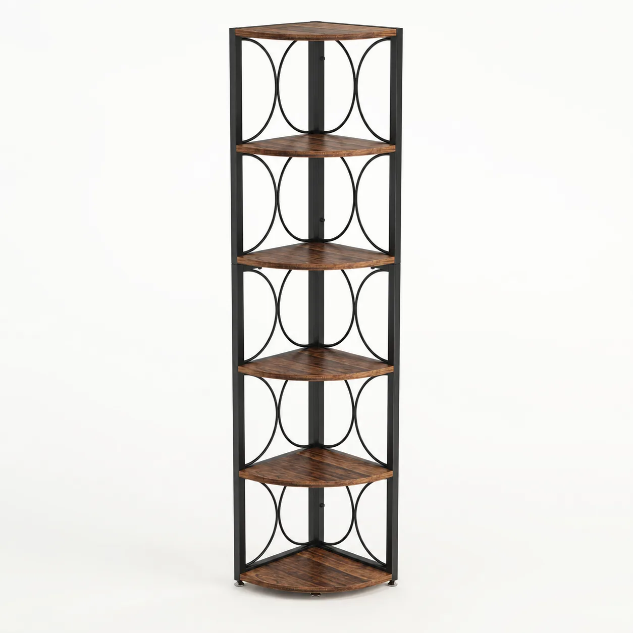 Coffee 6 Tier Tall Corner Shelf, 61 inch Rustic Corner Bookshelf Storage Rack Standing Shelving Unit