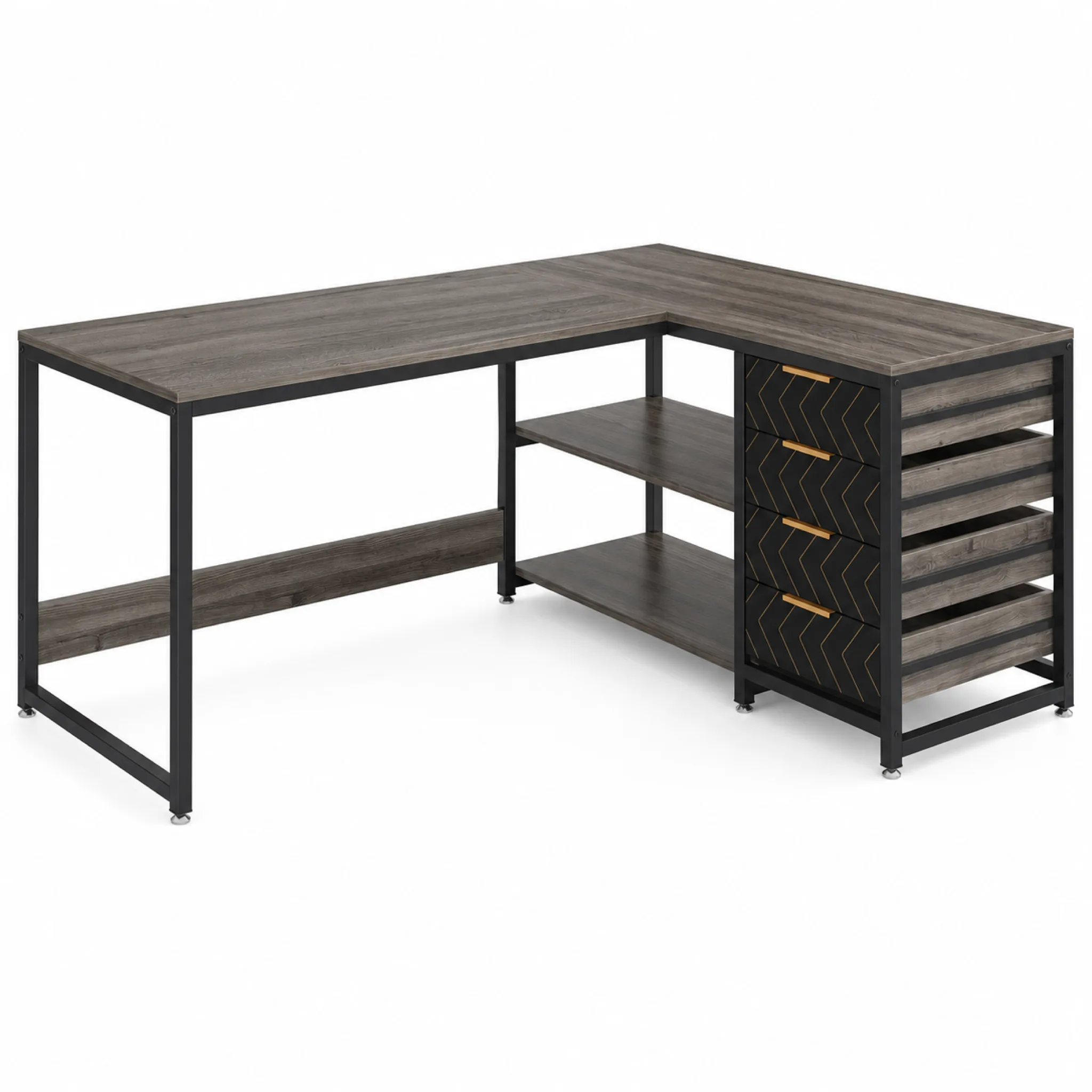 Dark Gray L Shaped Computer Desk with Storage Drawers, 59 inch Corner Desk with Shelves, Reversible L-Shaped Office Desk Study