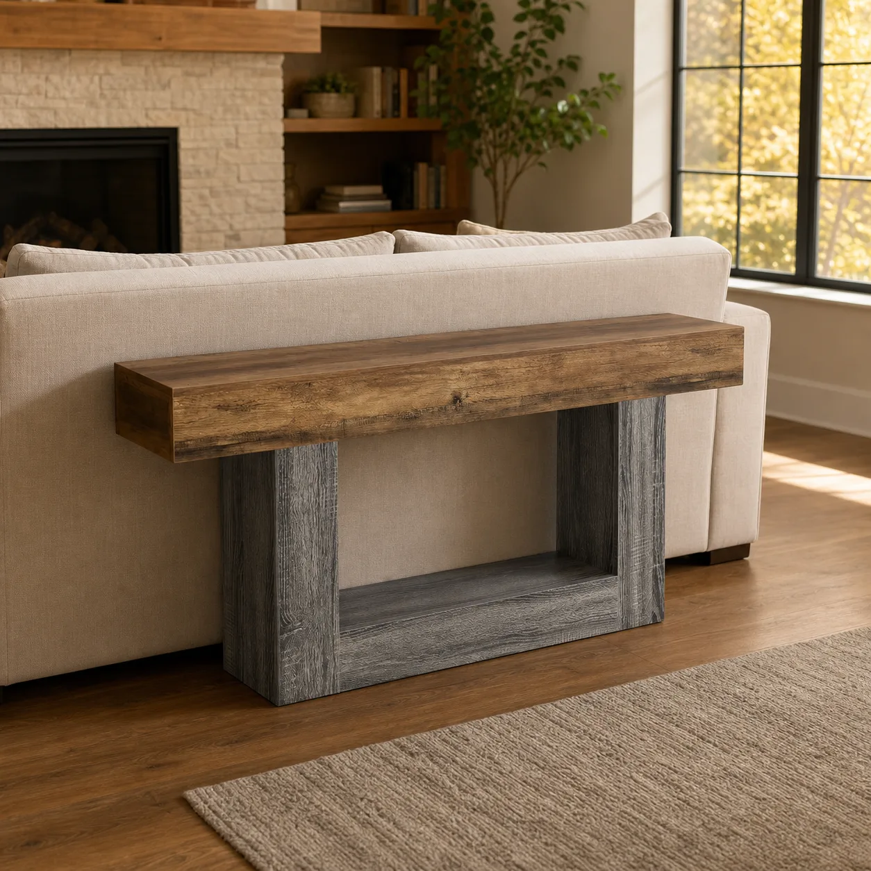 Light Gray 63" Console Table, Farmhouse 2-Tier Entryway Table with U-Shaped Base, Narrow Long Wood Sofa Table Behind Couch Table