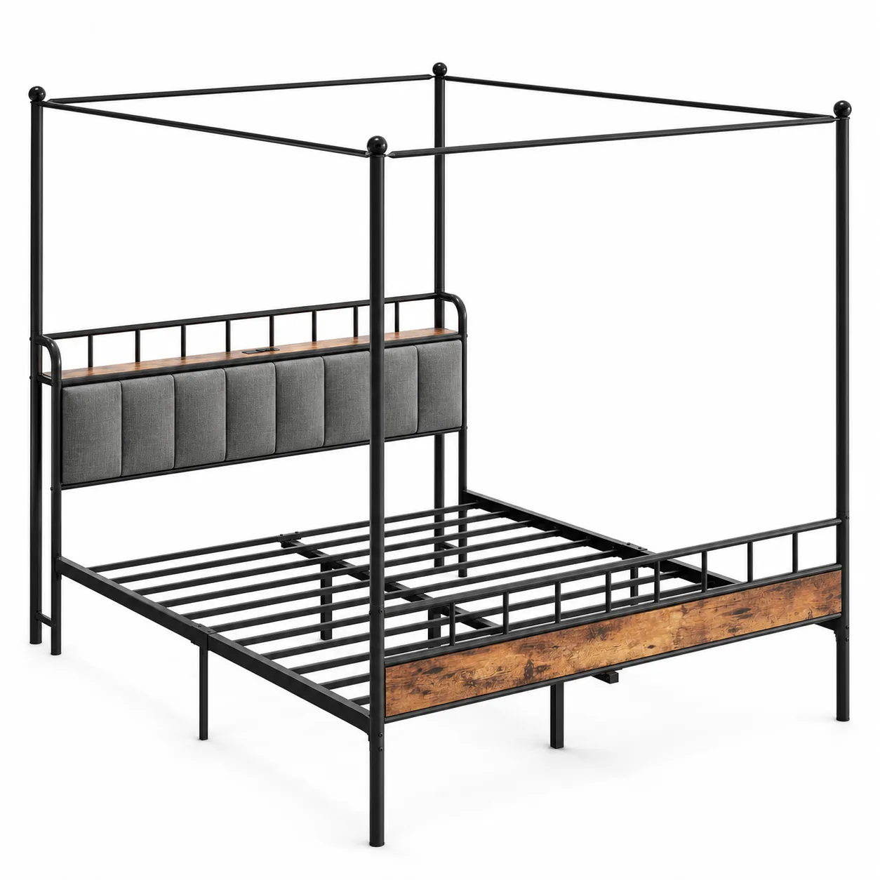 Light Gray LIKIMIO Canopy Bed Frame Queen, Storage Headboard with Charging Station, Platform Bed with 4 Removable Sturdy Posts