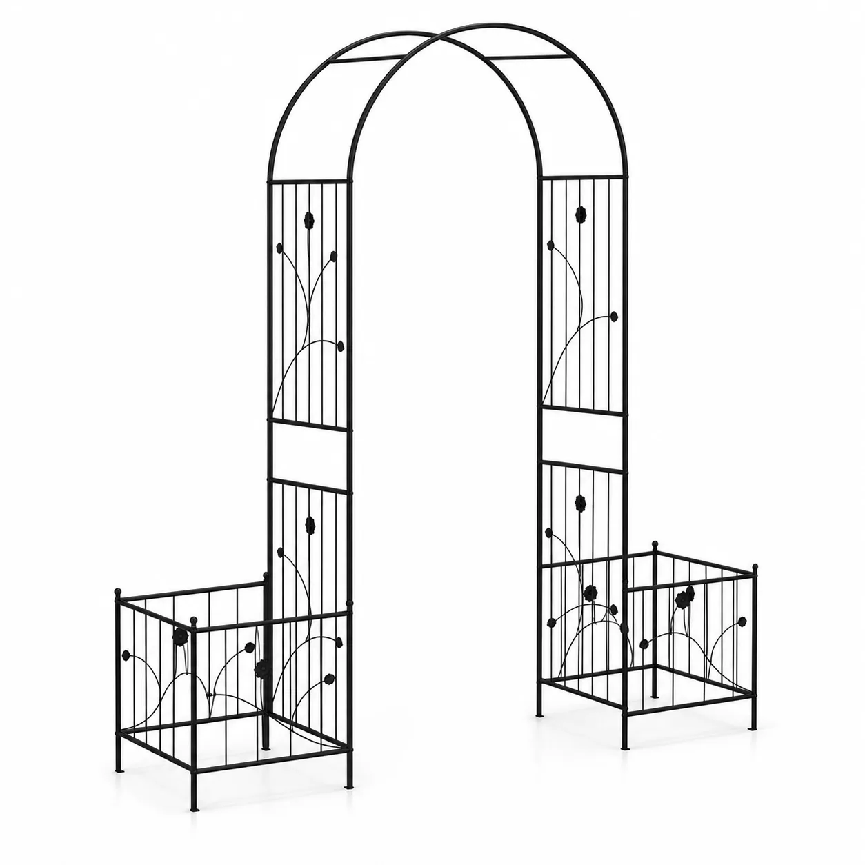 Black Garden Arch with Planter Boxes, 86" Heavy Duty Galvanized Steel Arbor Trellis for Climbing Plants, Outdoor Wedding Archway