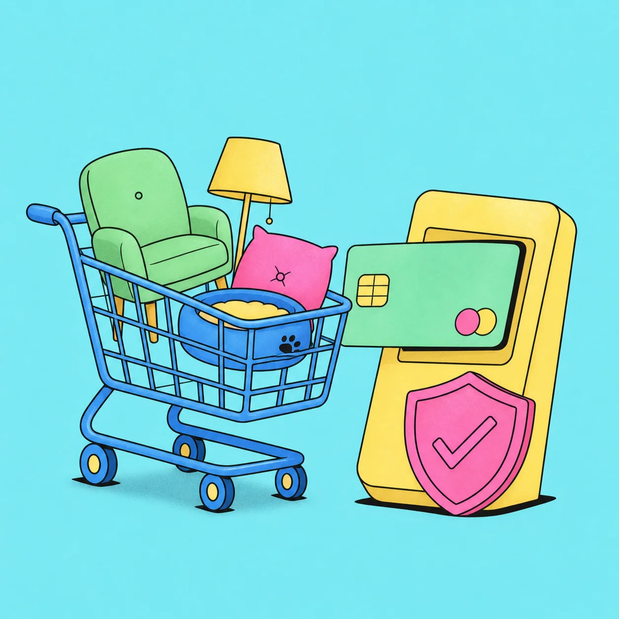 Illustration of a shopping cart and secure checkout