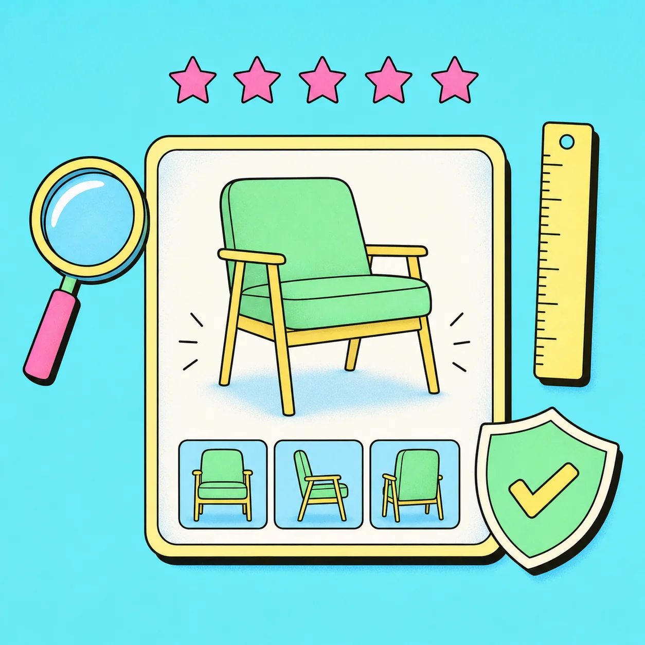 Illustration of clear product photos, measurements and shopping details